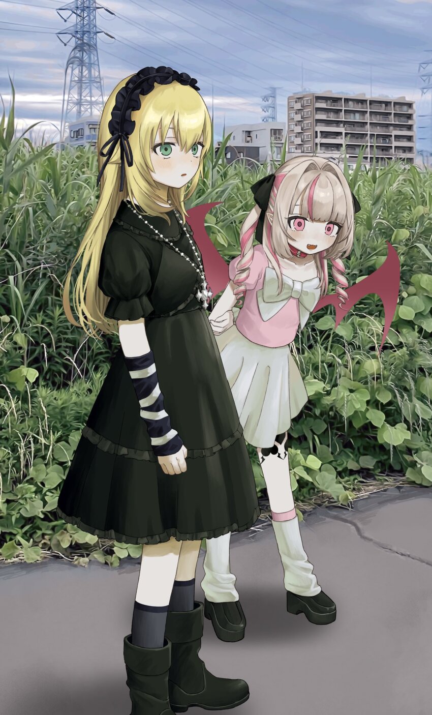 1boy 1girl alternate_costume ankle_boots arm_warmers black_boots black_dress black_hairband black_shoes black_socks blonde_hair boots brown_hair choker cross cross_necklace crossdressing day demon_wings dress fang frilled_hairband frills green_eyes hair_intakes hair_ribbon hairband highres jewelry kneehighs leg_warmers long_hair looking_at_another mado_(mado83893768) makaino_ririmu multicolored_hair necklace nijisanji outdoors pink_eyes pink_hair pink_shirt platform_shoes pointy_ears puffy_short_sleeves puffy_sleeves ribbon shirt shoes short_sleeves skirt sky smile socks standing trap twintails two-tone_hair uzuki_kou virtual_youtuber white_skirt wings