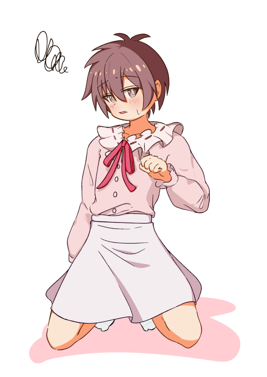 1boy abi_ervin blush brown_eyes brown_hair commentary cosplay crossdressing frilled_shirt_collar frills full_body hair_between_eyes highres kneeling long_sleeves looking_at_viewer male_focus neck_ribbon onii-chan_wa_oshimai! open_mouth oyama_mahiro oyama_mahiro_(cosplay) pink_shirt red_ribbon ribbon sakurada_yuuta shirt simple_background skirt socks solo squiggle sweatdrop trap white_background white_skirt white_socks
