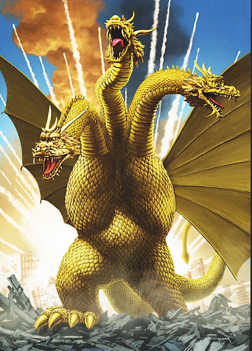 absurdres alien blue_sky day destruction dragon explosion extra_tails ghidorah,_the_three-headed_monster giant giant_monster godzilla_(series) highres horns hydra kaida_yuji kaiju king_ghidorah mane monster multiple_heads no_humans official_art open_mouth roaring rubble sharp_teeth sky smoke space_monster tail teeth toho tongue wings