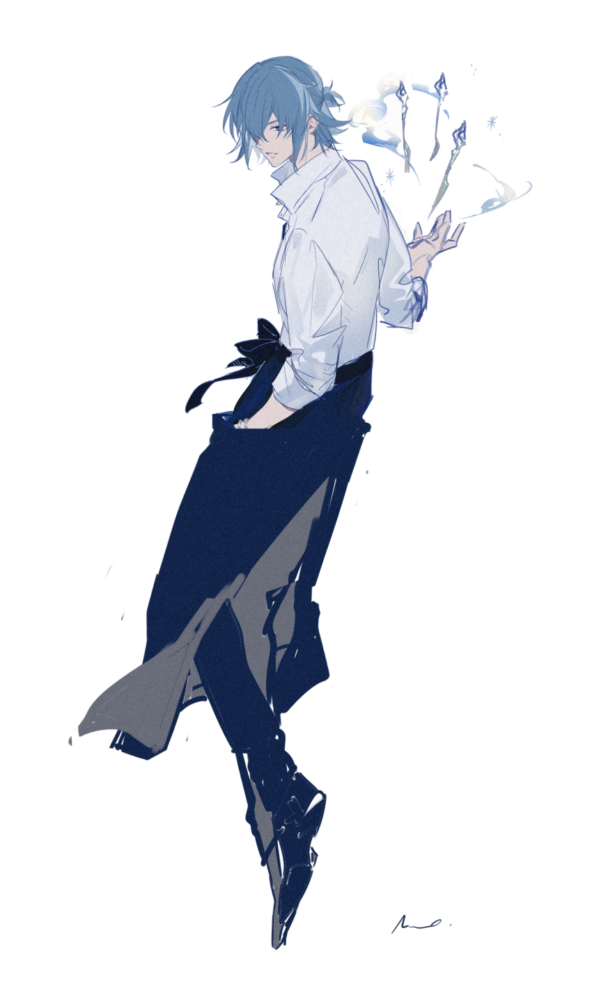 1boy anno_meiji apron black_apron black_pants blue_hair collared_shirt full_body half_updo hands_in_pockets highres light_blue_hair mahoutsukai_no_yakusoku male_focus nero_turner pants ponytail shirt short_hair short_ponytail signature sketch solo utensil white_background white_shirt