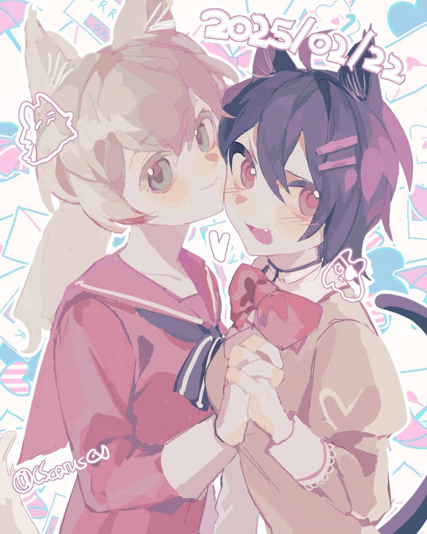 2025 2girls animal_ears blue_eyes bow bowtie cat_day cat_ears cat_girl cat_tail cscarus highres holding_hands kure_kirika long_sleeves looking_at_viewer mahou_shoujo_madoka_magica mahou_shoujo_oriko_magica mikuni_oriko mitakihara_school_uniform multiple_girls red_bow red_bowtie school_uniform shiraha_private_academy_school_uniform tail white_hair
