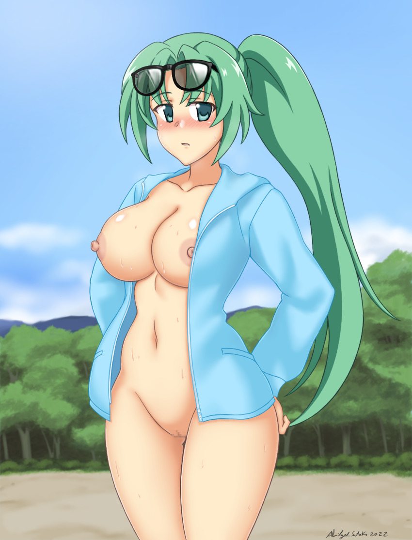 1girl abridged-satoko blush breasts censored curvy green_eyes green_hair hands_on_own_hips highres higurashi_no_naku_koro_ni jacket large_breasts legs long_hair looking_at_viewer navel nipples nude open_mouth ponytail pussy solo sonozaki_mion sunglasses sweat thick_thighs thighs