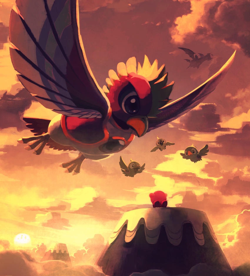 back bird birdon_(kirby) claws cloud cloudy_sky dyna_blade dyna_chick feathers flying green_fur halberd_(airship) highres kirby kirby_(series) kirby_super_star looking_at_viewer looking_up mountain multicolored_fur nintendo red_fur scenery ship sky sun sunset suyasuyabi watercraft