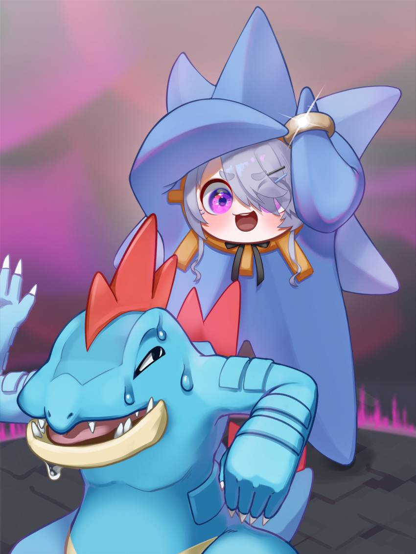 1girl alternate_costume appleblossomtea blush feraligatr gen_1_pokemon gen_2_pokemon grey_hair hair_over_one_eye highres hololive hololive_english koseki_bijou looking_at_viewer mega_evolution mega_ring mega_starmie nintendo open_mouth pokemon pokemon_(creature) purple_eyes smile solo starmie sweatdrop teeth upper_teeth_only virtual_youtuber