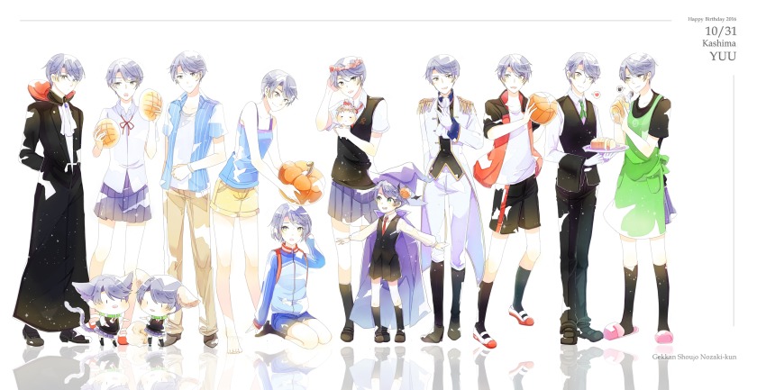 10s 1boy 6+girls aged_down animal_ears apron barefoot blue_eyes bread casual character_name chibi copyright_name doll emo_(ricemo) epaulettes flower food gekkan_shoujo_nozaki-kun green_eyes gym_uniform halloween_costume happy_birthday highres hori_masayuki kashima_yuu military military_uniform multiple_girls multiple_persona pleated_skirt reflection reverse_trap school_uniform short_hair skirt waiter white_background
