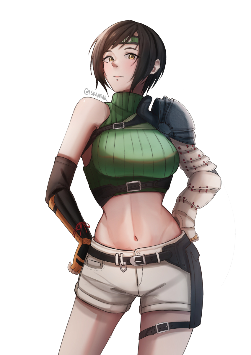 1girl :| absurdres armor artist_name belt belt_pouch black_belt black_gloves blush breasts brown_eyes brown_gloves brown_hair brown_shorts chest_harness closed_mouth commentary cowboy_shot crop_top cropped_sweater elbow_gloves expressionless final_fantasy final_fantasy_vii final_fantasy_vii_remake fingerless_gloves forehead_protector gloves green_headband green_sweater groin hands_on_own_hips harness headband highres iskandariis large_breasts layered_sleeves light_blush looking_at_viewer midriff navel pauldrons pouch ribbed_sweater romaji_commentary short_hair short_shorts shorts shoulder_armor signature simple_background single_bare_shoulder single_bracer single_pauldron sleeveless sleeveless_turtleneck solo standing sweater swept_bangs thigh_strap toned toned_female turning_head turtleneck turtleneck_sweater twitter_username white_background yuffie_kisaragi