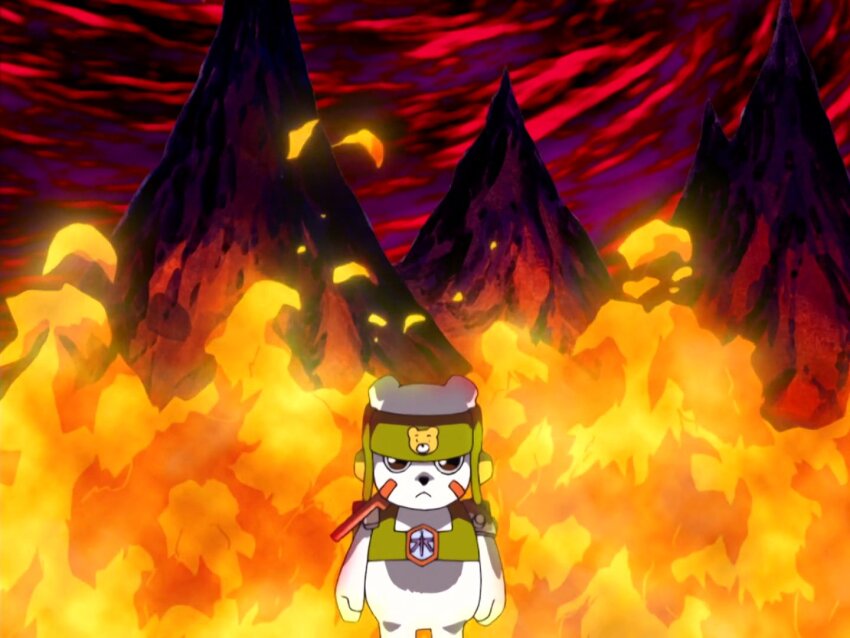 anime_screenshot armor chackmon digimon digimon_(creature) digimon_frontier fire looking_at_viewer mountain serious solo
