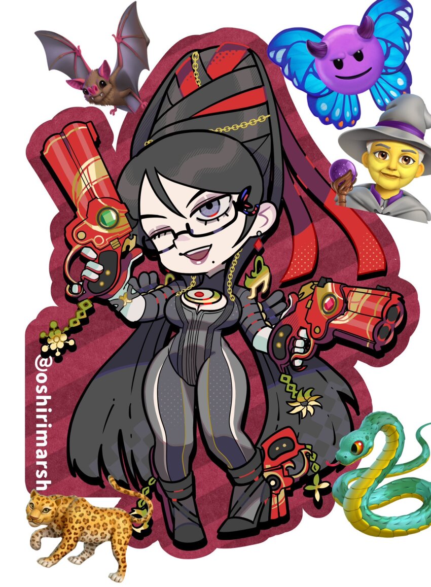 1girl ankle_gun bayonetta bayonetta_(series) bayonetta_1 beehive_hairdo black-framed_eyewear black_bodysuit bodysuit breasts chain chibi chibi_only cleavage cleavage_cutout clothing_cutout commentary_request dancho_no_mori dual_wielding earrings elbow_gloves emoji eyeshadow full_body glasses gloves gold_chain gun hair_ribbon handgun high_heels highres holding jewelry large_breasts lipstick long_hair makeup mole mole_under_mouth one_eye_closed purple_eyeshadow purple_lips red_ribbon ribbon semi-rimless_eyewear solo teeth upper_teeth_only very_long_hair weapon