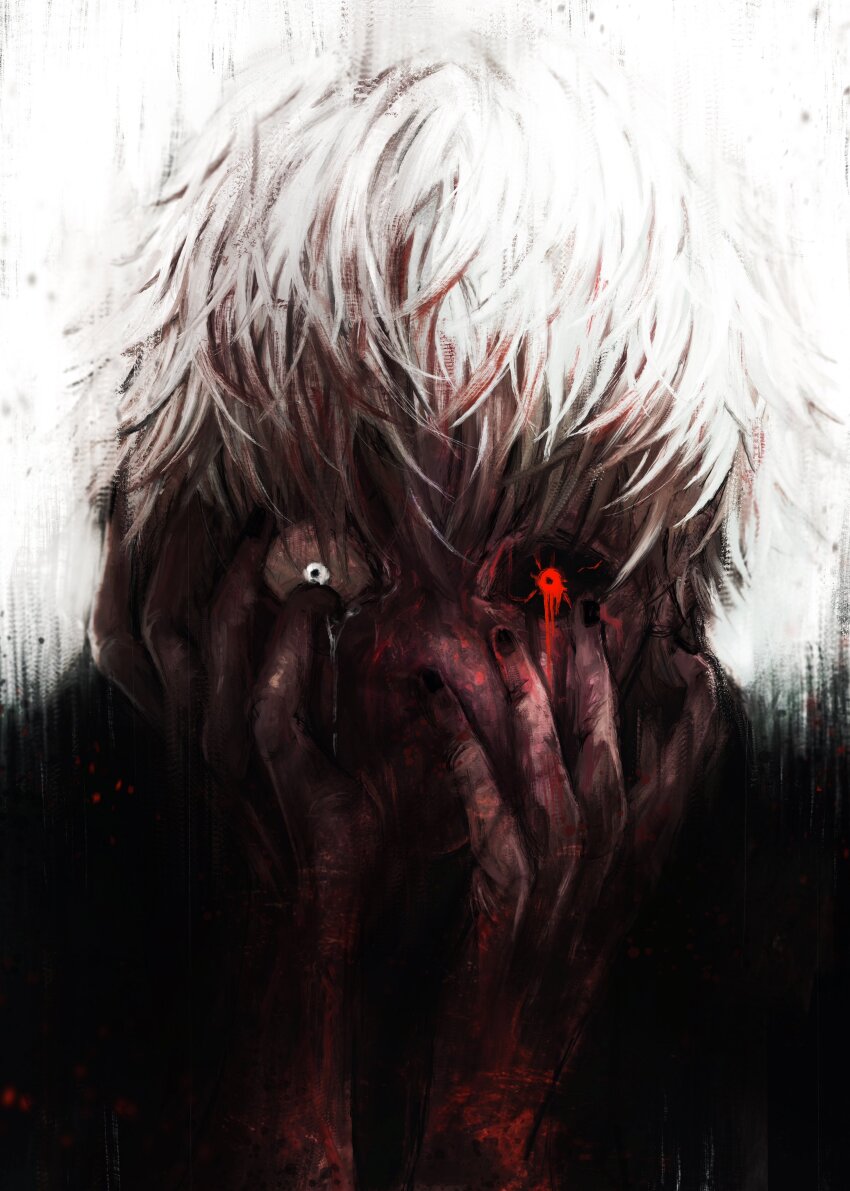 1boy absurdres black_nails black_sclera black_shirt blood blood_on_arm blood_stain colored_sclera crying crying_with_eyes_open eye_trail glowing glowing_eye grey_eyes hands_on_own_face heterochromia highres kaneki_ken light_trail male_focus mismatched_sclera red_eyes shaded_face shadow shirt short_hair solo tears tokyo_ghoul underlighting white_background white_hair xa8uofivf2mcart