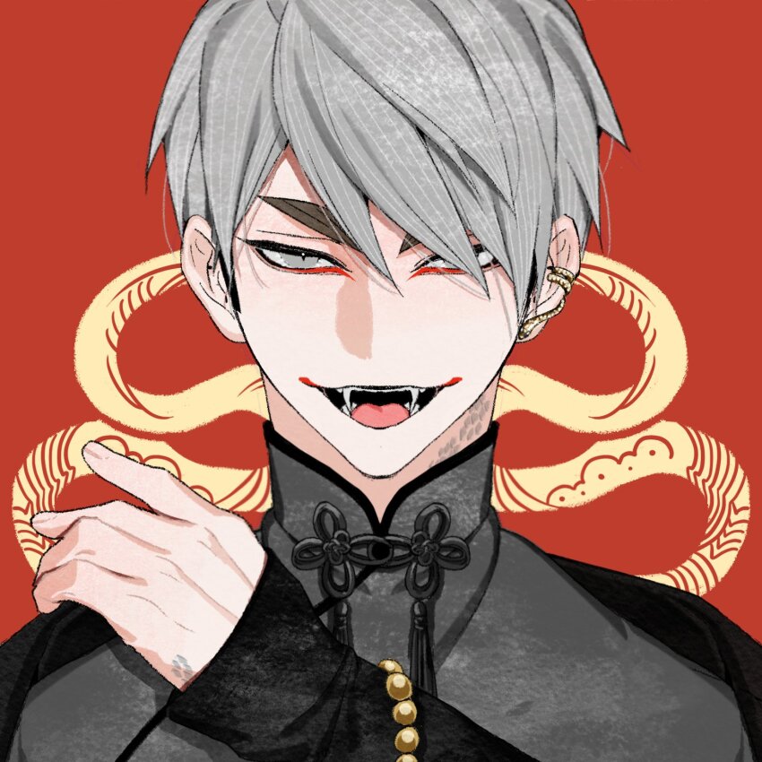 1boy bead_bracelet beads bracelet chinese_clothes commentary ear_piercing eyeliner fangs fingernails grey_eyes grey_hair grey_scales grey_shirt grin haikyuu!! hand_on_own_shoulder hand_up highres jewelry kosytt looking_at_viewer makeup male_focus miya_osamu open_mouth piercing portrait red_background red_eyeliner shirt short_hair smile solo straight-on swept_bangs symbol-only_commentary teeth thick_eyebrows tongue tsurime undercut