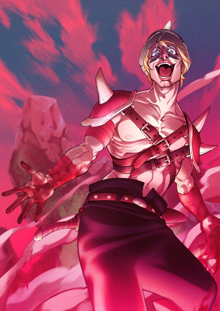 absurdres armor bandages belt blonde_hair blood bloody_bandages blue_eyes buzzo hamburger_man._(sumi80) highres lisa_(series) lisa_the_joyful lisa_the_painful looking_at_viewer open_mouth pants sheath sheathed shoulder_armor shoulder_spikes spikes