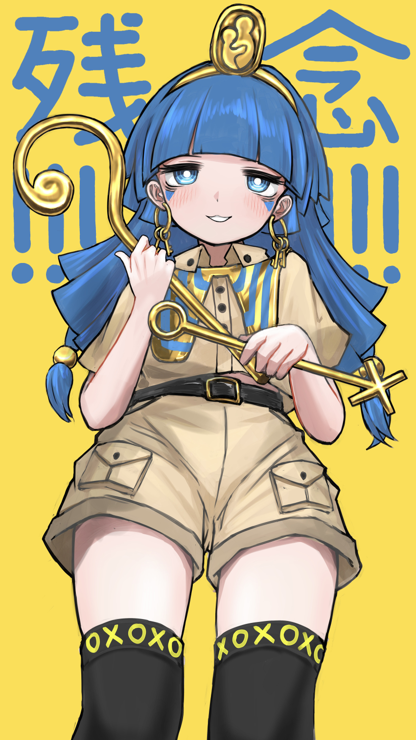1girl absurdres belt black_thighhighs blue_eyes blue_hair blunt_bangs blush brown_shirt brown_shorts chest_guard commentary_request cowboy_shot dot_nose earrings facial_mark gold_headwear grin headpiece highres holding holding_scepter jewelry key_earrings long_hair looking_at_viewer michigami_nareko neritch pocket ringed_eyes scepter shirt short_sleeves shorts smile thighhighs touhou translation_request triangle triangle_facial_mark