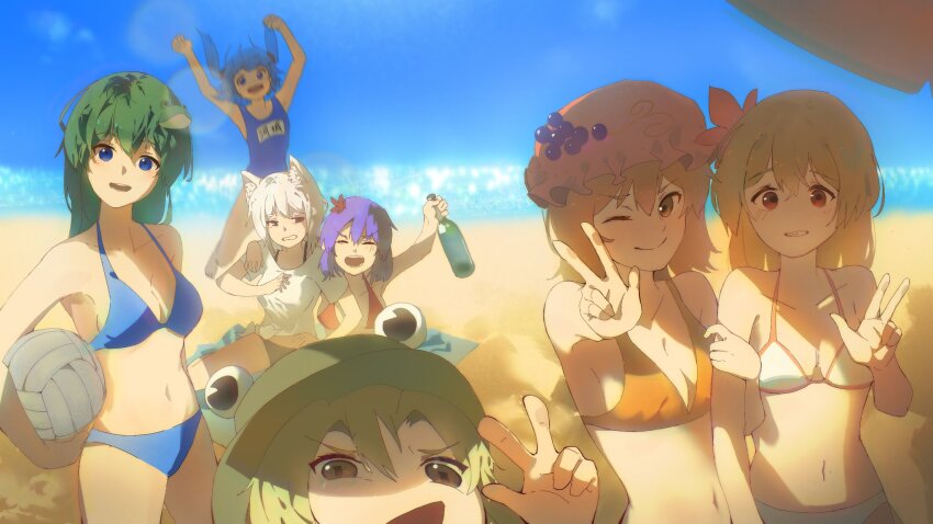 6+girls aki_minoriko aki_shizuha beach bikini blonde_hair blue_bikini blue_eyes blue_hair blue_one-piece_swimsuit blue_sky bottle breasts brown_eyes brown_headwear cleavage commentary_request flat_chest food frog_hair_ornament fruit grapes green_hair hair_bobbles hair_ornament hat highres inubashiri_momiji kawashiro_nitori kinoko_(kino2435006) kochiya_sanae leaf_hair_ornament looking_at_viewer medium_breasts mob_cap moriya_suwako mountain_of_faith multiple_girls one-piece_swimsuit orange_bikini outdoors purple_hair red_eyes red_headwear shirt short_hair sky swimsuit touhou two_side_up w white_bikini white_hair white_shirt yasaka_kanako