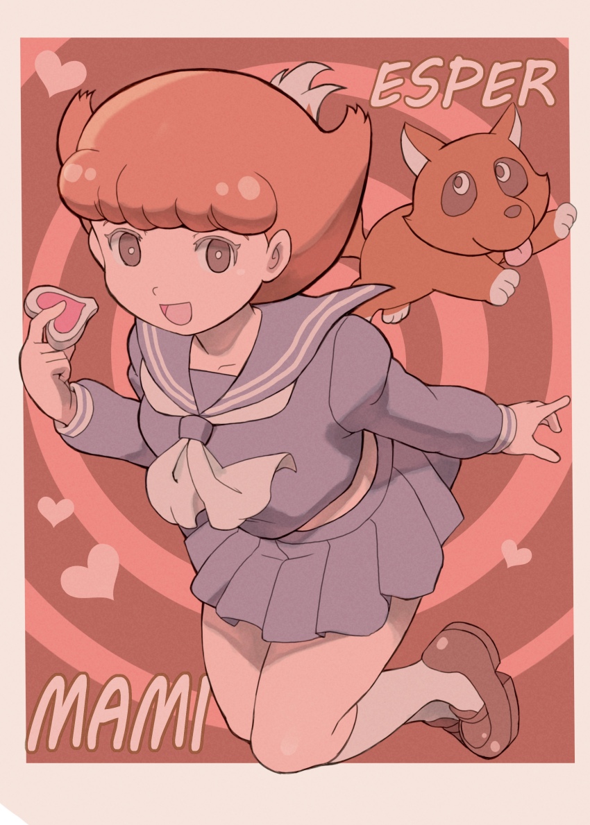 1girl :d absurdres animal blue_serafuku border brown_eyes commentary concentric_circles copyright_name esper_mami fujiko_f_fujio_(style) heart highres holding jumping k_katora konpoco legs_together loafers looking_at_viewer midriff_peek neckerchief open_mouth outside_border pink_background pink_theme pleated_skirt raccoon red_hair sailor_collar sakura_mami school_uniform serafuku shoes short_hair skirt smile socks solo white_border white_socks