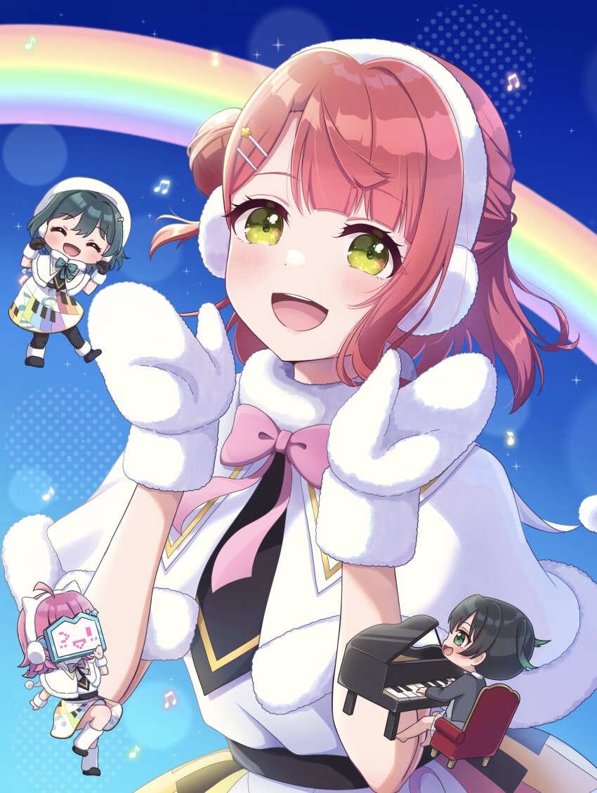 4girls :d ;d absurdres ahoge barefoot black_hair black_jacket black_pantyhose black_shoes blue_background blunt_bangs blunt_ends bob_cut bow bowtie capelet chibi chibi_inset collared_shirt colorful_dreams!_colorful_smiles!_(love_live!) commentary_request dot-matrix earmuffs fur-trimmed_capelet fur_mittens fur_trim gradient_hair grand_piano green_bow green_bowtie green_eyes green_hair grey_bow grey_bowtie grey_sweater hair_between_eyes hair_bun hair_ornament hairclip half_updo highres instrument jacket kishimen_hair leg_warmers long_sleeves love_live! love_live!_nijigasaki_high_school_idol_club medium_hair mifune_shioriko miniskirt mittens multicolored_hair multiple_girls nijigasaki_school_uniform official_alternate_costume one_eye_closed open_mouth pantyhose piano piano_print pink_bow pink_bowtie pink_hair plaid_clothes plaid_skirt pleated_skirt print_skirt rainbow rina-chan_board ritaso school_uniform shirt shoes short_hair single_side_bun skirt smile solo_focus sweater swept_bangs takasaki_yu tennoji_rina twintails uehara_ayumu upper_body white_capelet white_leg_warmers white_mittens white_shirt white_skirt winter_uniform