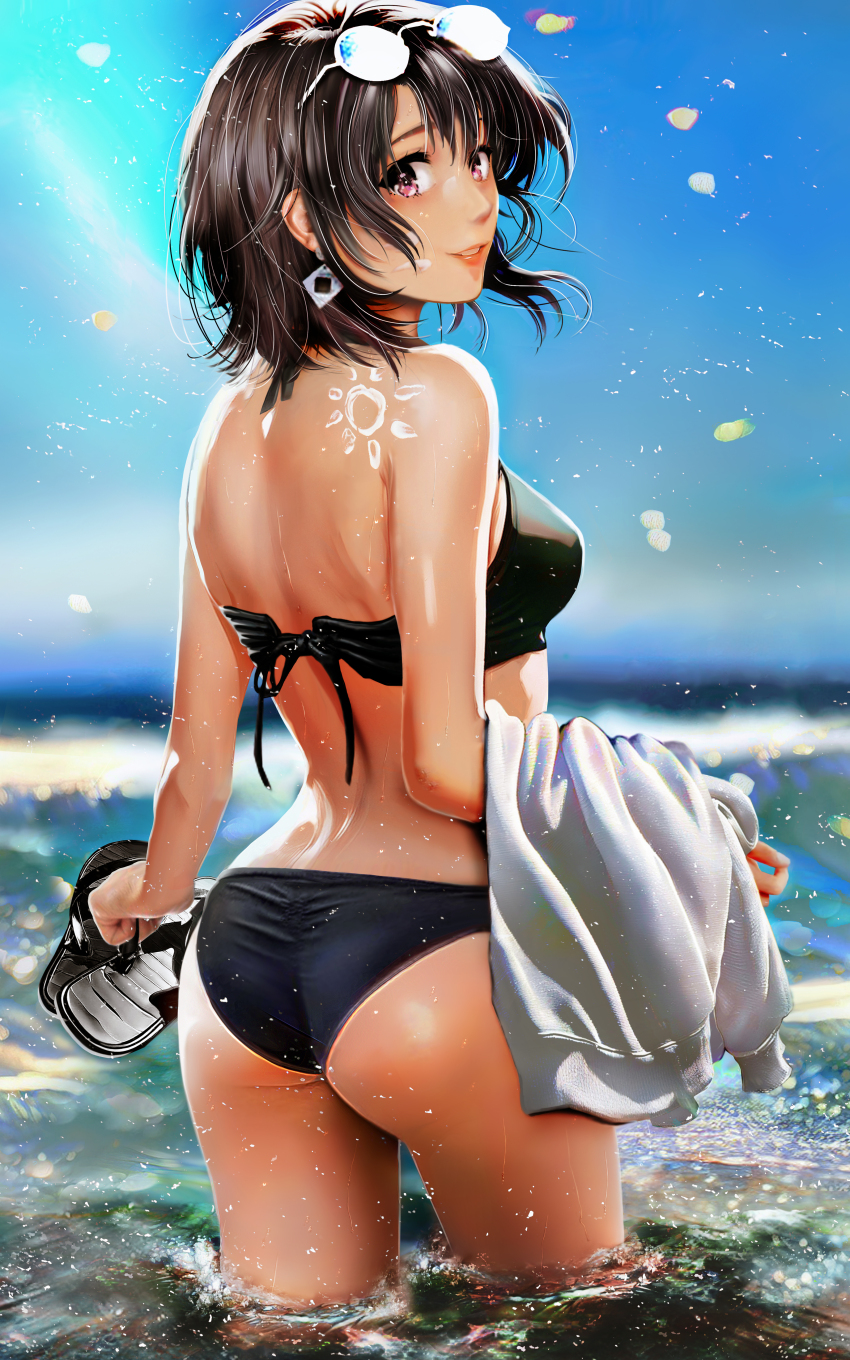 1girl absurdres ass back bikini black_bikini black_hair commentary_request earrings eyewear_on_head from_behind grace16 halterneck highres holding holding_shoes holding_unworn_clothes horizon jewelry looking_at_viewer looking_back medium_hair ocean outdoors purple_eyes shoes shoulder_blades sky solo swimsuit unworn_shoes wading water yahari_ore_no_seishun_lovecome_wa_machigatteiru. yukinoshita_haruno