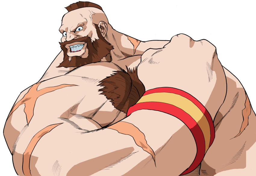 1boy armband beard bengus brown_hair chest_hair clenched_hand facial_hair game_cg grin highres looking_at_viewer male_focus mohawk multiple_scars muscular muscular_male non-web_source official_art parted_lips portrait scar scar_on_arm simple_background smile solo street_fighter street_fighter_zero_(series) teeth topless_male upper_body upper_teeth_only veins veiny_face white_background wrestler zangief