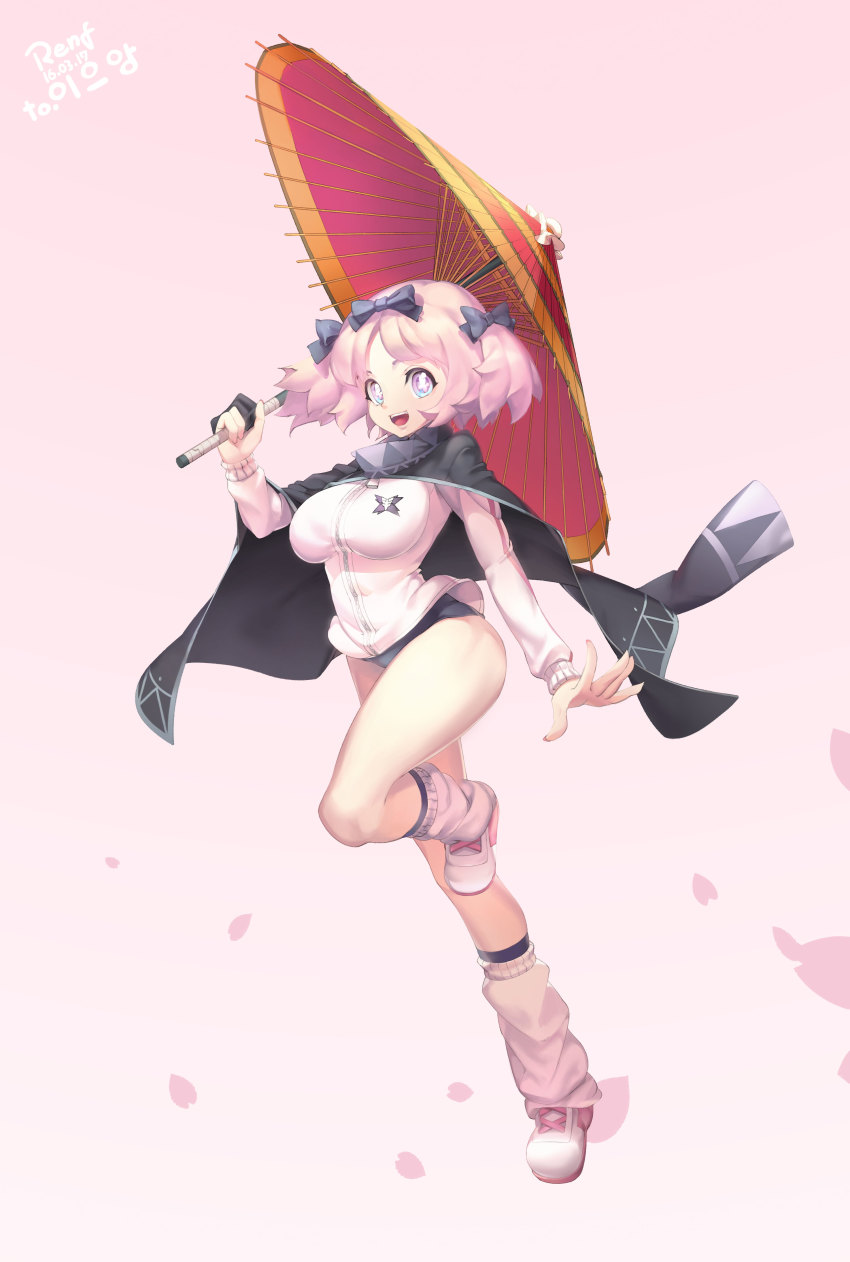 +_+ 10s 1girl absurdres accessories_switch blue_eyes bow breasts buruma cape commentary_request female_focus hair_bow hibari_(senran_kagura) highres jacket large_breasts looking_at_viewer open_mouth pink_hair renf_ran revision senran_kagura short_hair short_twintails smile solo symbol-shaped_pupils track_jacket twintails umbrella yagyu_(senran_kagura)
