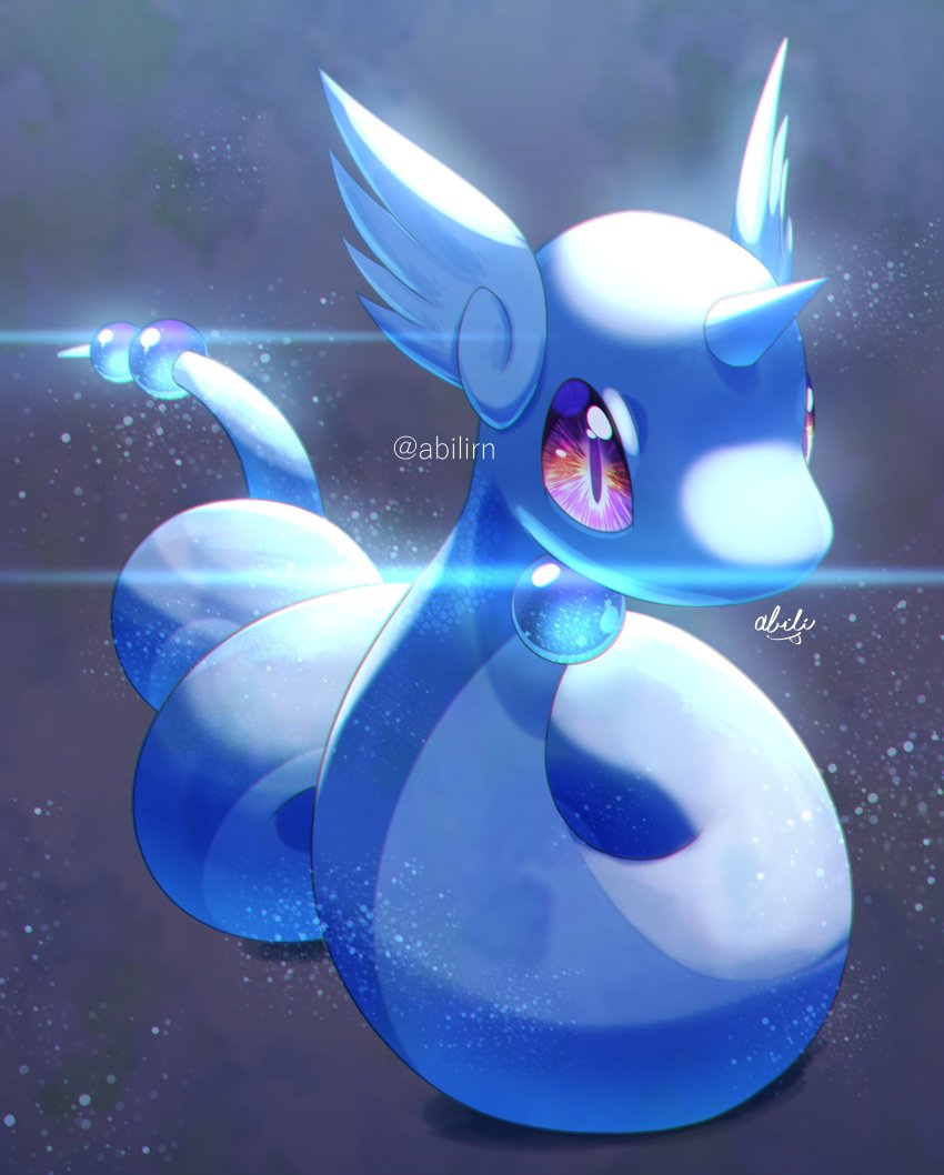 absurdres commentary_request dragonair full_body gen_1_pokemon highres horns nintendo no_humans pokemer pokemon pokemon_(creature) pokemon_focus purple_eyes signature single_horn solo twitter_username watermark