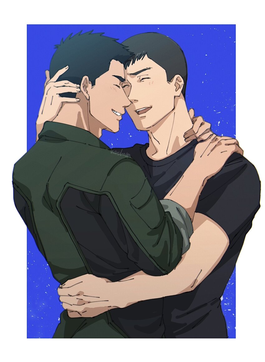2boys ao_isami bara black_hair black_shirt blue_background border brown_hair closed_eyes couple green_jumpsuit hand_on_another&#039;s_neck hand_on_another&#039;s_shoulder hand_on_another&#039;s_waist highres honuhara hug jumpsuit light_blush male_focus multiple_boys open_mouth outside_border ryuji_satake shirt short_hair short_sleeves signature upper_body white_border yaoi yuuki_bakuhatsu_bang_bravern