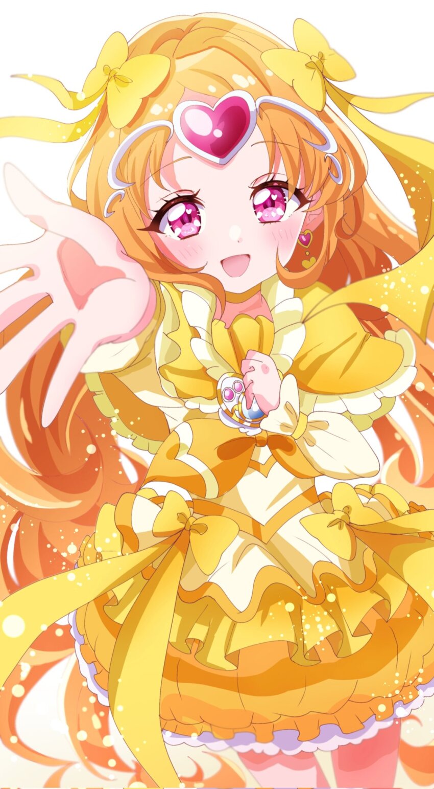 1girl bow brooch bubble_skirt choker circlet cowboy_shot cure_muse_(yellow) earrings frills gradient_background hair_ribbon heart heart_brooch heart_earrings highres jewelry long_hair magical_girl matatabi_hibiki open_mouth orange_choker orange_hair precure ribbon shirabe_ako skirt smile solo suite_precure tiara white_background yellow_bow yellow_choker yellow_skirt