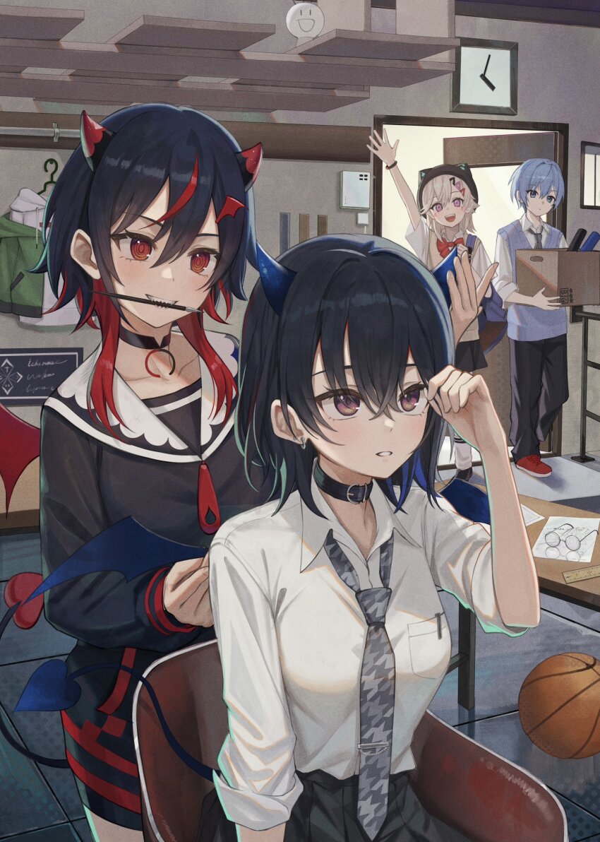 1boy 3girls achiki_(vtuber) arm_up ball basketball_(object) bat_wings belt_collar beret biting black_choker black_hair black_hat black_shirt black_skirt blonde_hair blue_eyes blue_hair blue_horns blue_sweater_vest blue_wings bow bowtie box bracelet chair choker clock clothes_hanger collar colored_inner_hair dress_shirt earrings facial_mark grey_necktie hair_between_eyes hat heart heart_tail highres holding holding_box horns houndstooth ichinose_uruha ichinose_uruha_(2nd_costume) ichinose_uruha_(6th_costume) indie_virtual_youtuber jewelry komori_met lupinus_virtual_games multicolored_hair multiple_girls necktie neo-porte open_door parted_bangs pendant_choker pink_eyes pleated_skirt purple_eyes red_bow red_bowtie red_eyes red_horns red_shoes red_wings round_eyewear sailor_collar shakkiyi sharp_teeth shirayuki_reid shirt shirt_tucked_in shoes short_sleeves sitting skirt sleeves_rolled_up small_horns socks sweater_vest table tail teeth tie_clip unworn_clothes unworn_eyewear virtual_youtuber vspo! white_shirt white_socks wings yellow_sweater_vest