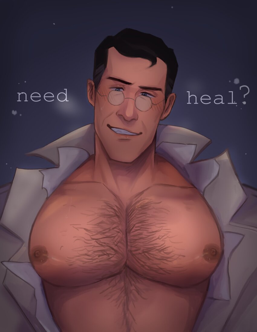 1boy bara black_hair blue_eyes blush chest_hair glasses grin haru_heartie highres huge_pectorals jacket large_pectorals looking_at_viewer male_focus mature_male medic_(tf2) muscular muscular_male nipples open_clothes open_collar open_jacket pectoral_focus pectorals popped_collar puffy_chest short_hair smile solo team_fortress_2 torn_clothes torn_jacket
