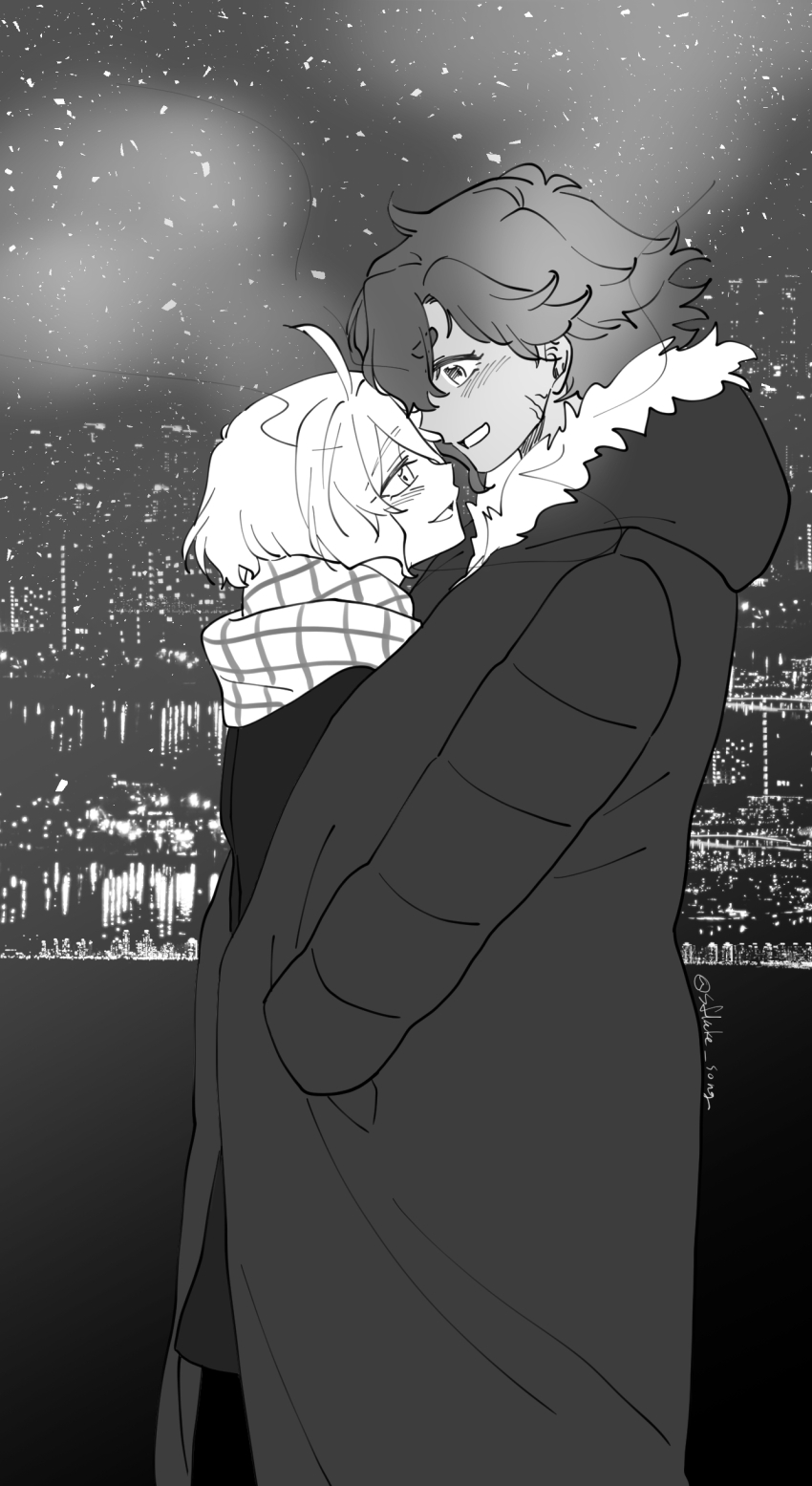 2girls absurdres blush breath commentary_request eye_contact greyscale grin gundam gundam_suisei_no_majo highres korean_commentary long_hair looking_at_another miorine_rembran monochrome multiple_girls night outdoors scarf sflake_song shared_clothes shared_coat sky smile star_(sky) starry_sky suletta_mercury thick_eyebrows winter_clothes yuri