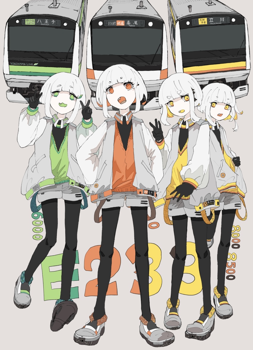 augustin_tea black_gloves blank_eyes cardigan clone collared_jacket colored_inner_hair colored_mouth double_v double_w east_japan_railway_company gloves gradient_eyes green_cardigan green_eyes green_hair grey_shorts hair_ornament highres horizontal-striped_cardigan jacket japan_railways jr_east_e233_series leaf_hair_ornament long_sleeves multicolored_eyes multicolored_hair multiple_girls multiple_unit_train open_mouth orange_cardigan orange_hair original pantyhose personification shirt shoes short_eyebrows short_hair shorts streaked_hair striped_cardigan train v w white_hair wipers yellow_cardigan yellow_eyes