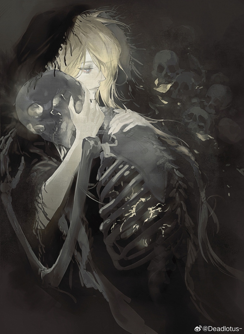 1boy absurdres artist_name blonde_hair character_request closed_mouth elden_ring expressionless eyelashes grey_eyes highres hood hood_up hug jiao_chang lips long_hair male_focus skeleton solo watermark weibo_watermark