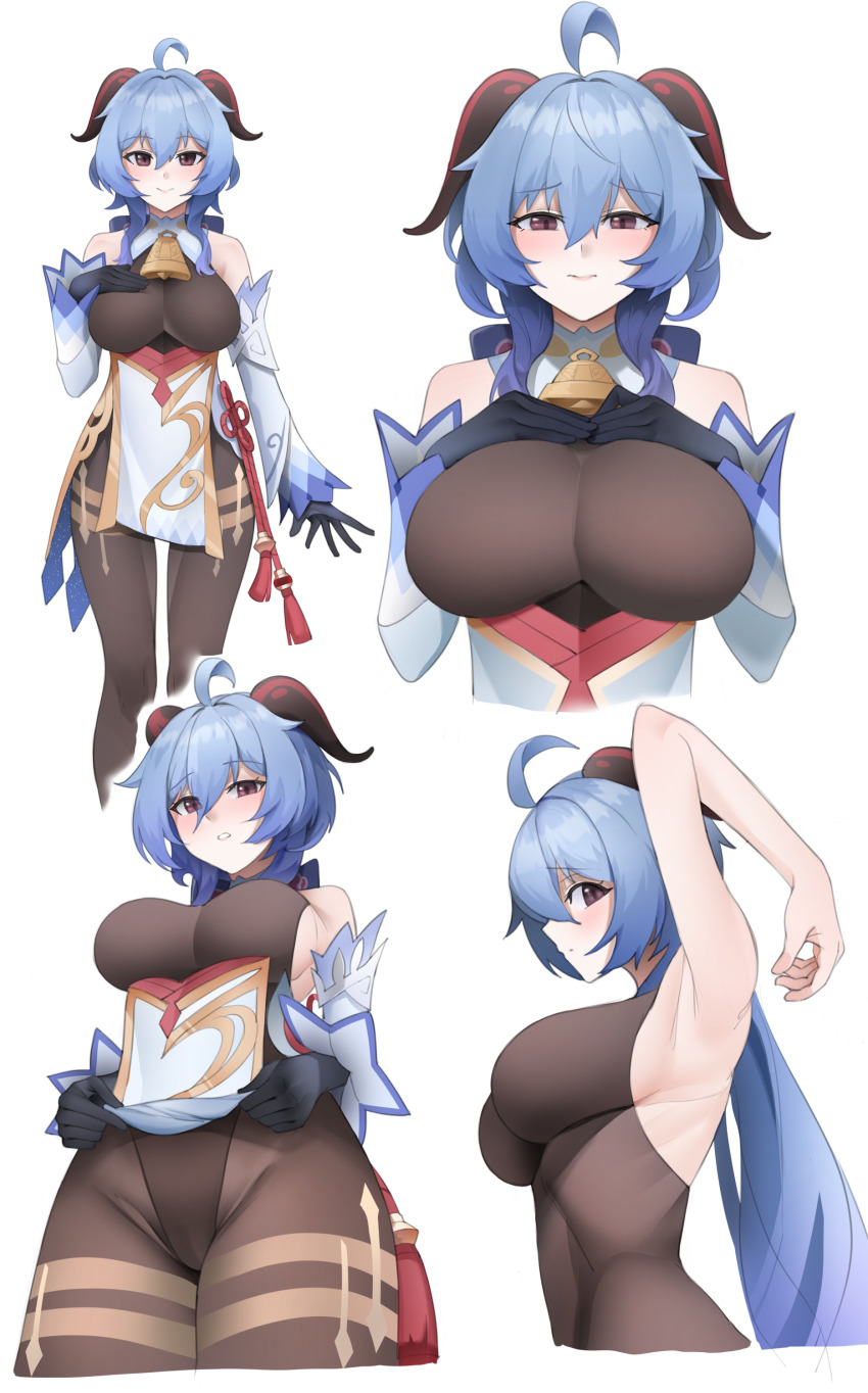 1girl absurdres bare_shoulders bell black_gloves blue_hair bodystocking bodystocking_only breasts brown_bodystocking clipstupid commentary demon_horns detached_sleeves ganyu_(genshin_impact) genshin_impact gloves highres horns large_breasts long_hair neck_bell purple_eyes simple_background white_background white_sleeves