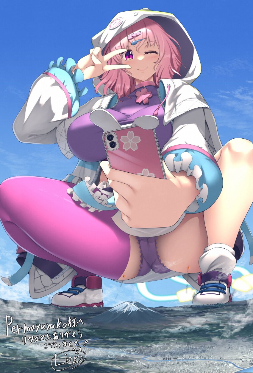 1girl absurdres blue_sky breasts commission giant giantess highres holding holding_phone hood hooded_jacket jacket japan large_breasts lien mount_fuji phone saigyouji_yuyuko saigyouji_yuyuko_(cyber_ghost) selfie selfie_stick single_thighhigh skeb_commission sky solo squatting thighhighs touhou touhou_lostword v white_jacket