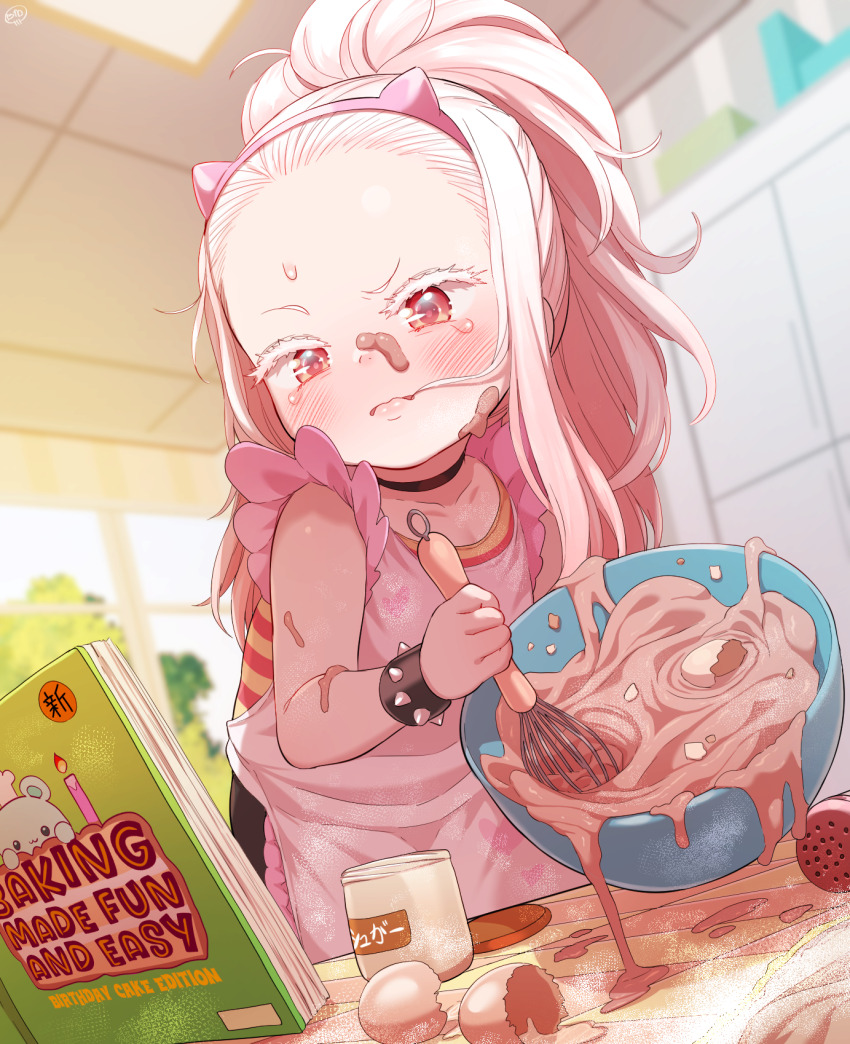 apron arianna_seya(born-to-die) black_choker blush born-to-die bracelet choker closed_mouth cooking cracked_egg egg hairband highres indoors jewelry long_hair mixing_bowl original pink_hair pink_hairband reading red_eyes spiked_bracelet spikes sweat tearing_up upper_body whisk