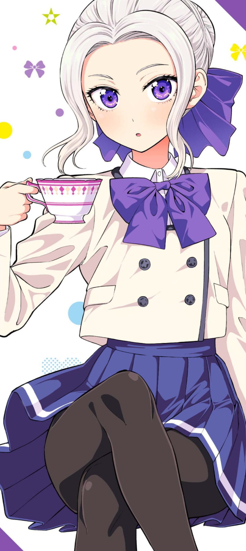 1girl absurdres blue_skirt blush bow bowtie breasts cleaned collared_shirt cover cover_page crossed_legs cup dot_nose female_focus flat_chest grey_hair hair_bow hair_bun hand_on_floor highres hiroyuki kanojo_mo_kanojo kiryuu_shino long_hair long_image long_sleeves looking_at_viewer manga_cover miniskirt official_art open_mouth pleated_skirt purple_bow purple_bowtie purple_eyes school_uniform shirt shirt_tucked_in single_hair_bun sitting skirt small_breasts solo solo_focus teacup white_shirt