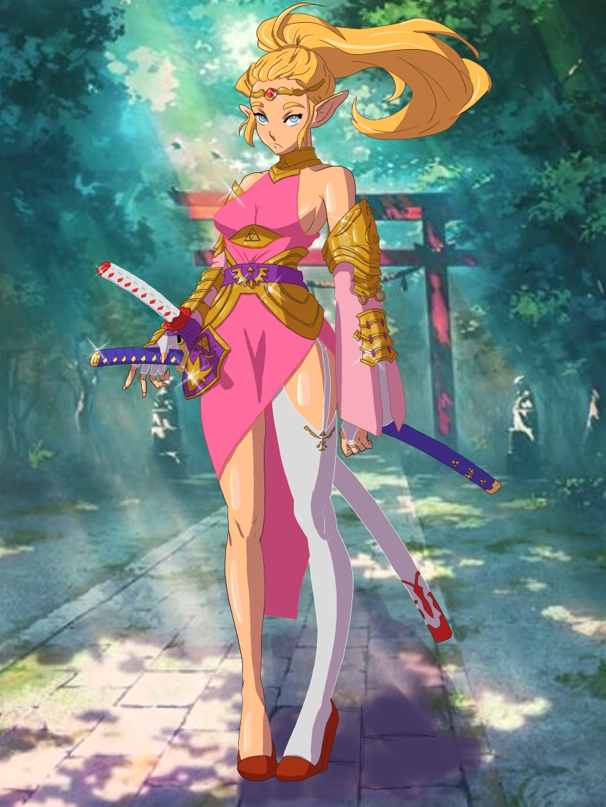 blonde_hair blue_eyes dress female_armor forest high_heels katana modo nails nature nintendo ponytail princess_zelda shiny_clothes single_thighhigh sword the_legend_of_zelda thighhighs thighs triforce weapon