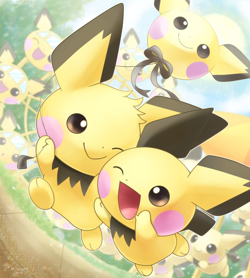 balloon brown_eyes closed_mouth commentary_request day ferris_wheel gen_2_pokemon highres holding holding_balloon nintendo no_humans one_eye_closed open_mouth outdoors pichu pokemon pokemon_(creature) ribbon running sasabunecafe smile sun twitter_username