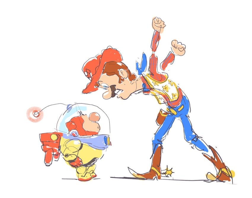 2boys arms_up belt big_nose black_eyes blue_eyes blue_pants boots brown_boots brown_hair buzz_lightyear clenched_hand clenched_hands clenched_teeth commentary cowboy cowboy_boots cowboy_hat cowboy_western crossover denim facial_hair full_body gloves hat helmet highres holster jason_lupas jeans looking_at_another male_focus mario mario_(series) multiple_boys mustache nintendo olimar pants pikmin_(series) print_vest red_hat sheriff_woody shirt short_hair simple_background sketch spacesuit spanish_commentary spurs standing star_(symbol) star_print super_smash_bros. super_star_(mario) teeth toy toy_story toy_story_1 twintails vest western white_background yellow_belt