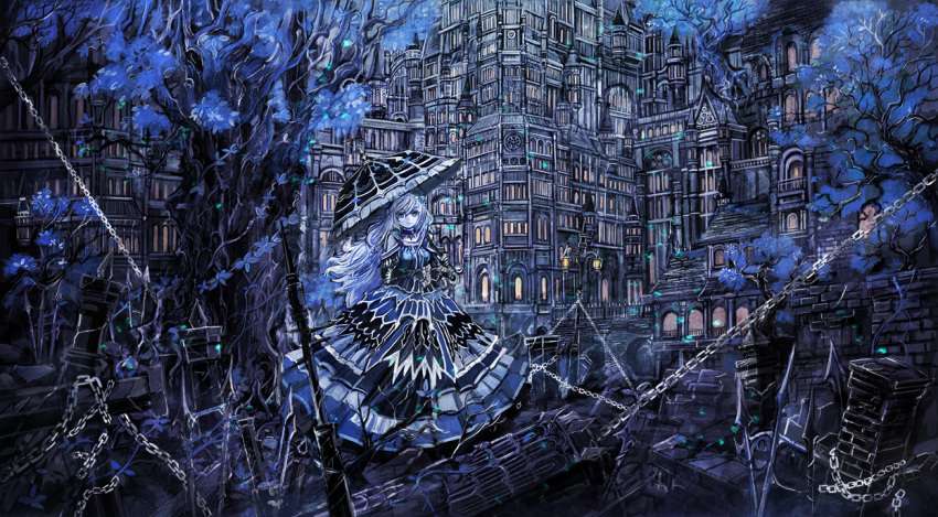 1girl blue_theme building chain dark dress female_focus gate gown lights long_hair looking_at_viewer original palace parasol scenery smile solo sonidoriy umbrella wall