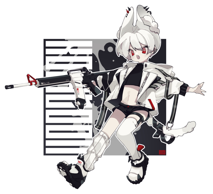 1boy animal_ear_fluff animal_ear_piercing animal_ears assault_rifle black_shoes black_shorts black_sweater cat_boy cat_ears cat_tail commentary_request cropped_sweater dated_commentary double-parted_bangs earrings extra_ears fang full_body gun highres holding holding_gun holding_weapon jacket jewelry leg_warmers legwear_garter long_sleeves m16 m16a4 male_focus navel open_clothes open_jacket open_mouth original ozureiji pure_white_memories_(idolmaster) red_eyes rifle shoes short_hair short_shorts shorts single_leg_warmer single_thighhigh skin_fang solo spike_piercing sweater tail thighhighs tsurime turtleneck turtleneck_sweater weapon white_hair white_jacket white_leg_warmers white_thighhighs
