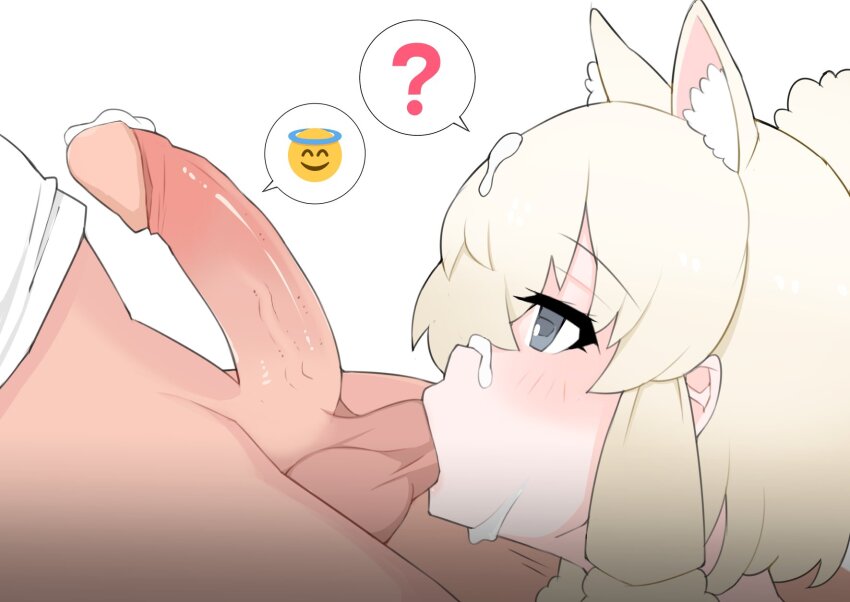 1boy 1girl ? alpaca_ears alpaca_girl alpaca_suri_(kemono_friends) animal_ear_fluff animal_ears blonde_hair blush commentary_request cum cum_on_body erection facial grey_eyes hair_between_eyes hetero highres horizontal_pupils illu_(illu_stratos) kemono_friends long_bangs looking_at_another open_mouth oral penis short_hair simple_background solo_focus spoken_emoji spoken_question_mark testicle_sucking uncensored white_background