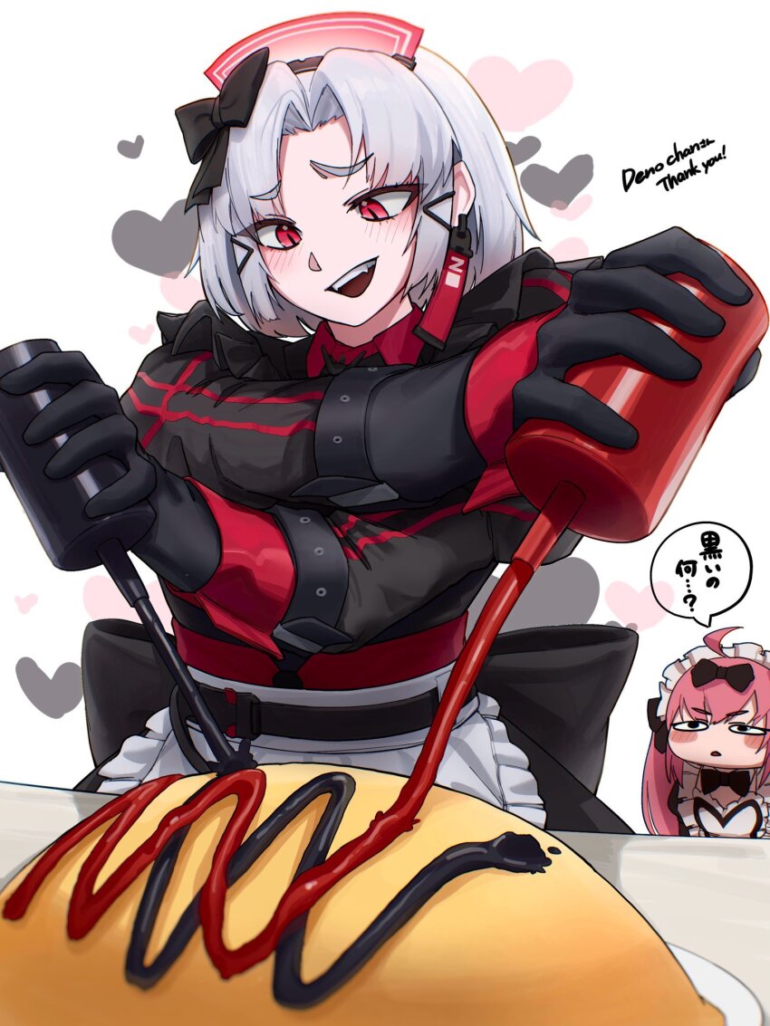 2girls :d :o ahoge alternate_costume apron black_bow black_dress black_ribbon blush blush_stickers bow character_name cocoa_(nikke) drake_(maid_for_villain)_(nikke) drake_(nikke) dress earrings enmaided food frilled_dress frills goddess_of_victory:_nikke hair_bow hair_ribbon heart highres holding jewelry juliet_sleeves long_hair long_sleeves maid maid_apron maid_headdress multiple_girls multiple_hair_bows o_o_k_i_n_a official_alternate_costume omelet omurice open_mouth pink_hair puffy_sleeves red_dress red_eyes ribbon short_hair smile teeth twintails two-tone_dress upper_teeth_only white_apron white_hair