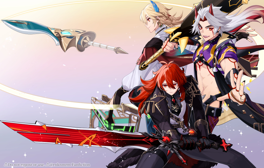 3boys :d abs antenna_hair arataki_itto artist_name belt black_belt black_choker black_coat black_nails black_necktie black_pants black_shirt blonde_hair bodypaint braid cape choker closed_mouth club club_(weapon) coat collared_coat collared_shirt commentary_request crop_top diluc_(genshin_impact) earrings facepaint fangs feather_hair_ornament feathers fighting_stance fingernails floating_hair fur-trimmed_coat fur_trim gem genshin_impact gold_trim gradient_background gradient_hair hair_between_eyes hair_intakes hair_ornament highres hiki_yuichi holding holding_club holding_suitcase holding_sword holding_weapon horns jewelry kaveh_(genshin_impact) lapels long_hair long_sleeves looking_at_viewer looking_to_the_side low_ponytail makhaira_aquamarine_(genshin_impact) male_focus mehrak_(genshin_impact) multicolored_hair multiple_boys navel necktie open_clothes open_coat open_mouth outstretched_hand pants parted_bangs ponytail profile puffy_long_sleeves puffy_sleeves purple_shirt red_cape red_eyes red_gemstone red_hair red_horns rope sharp_fingernails shirt short_necktie short_sleeves sidelocks simple_background single_braid sleeve_cuffs sleeveless sleeveless_coat smile spiked_choker spiked_club spikes stomach suitcase sword tassel teeth thigh_strap twitter_username upper_teeth_only v-shaped_eyebrows vest vision_(genshin_impact) watermark weapon white_hair white_shirt white_vest wolf&#039;s_gravestone_(genshin_impact) x_hair_ornament
