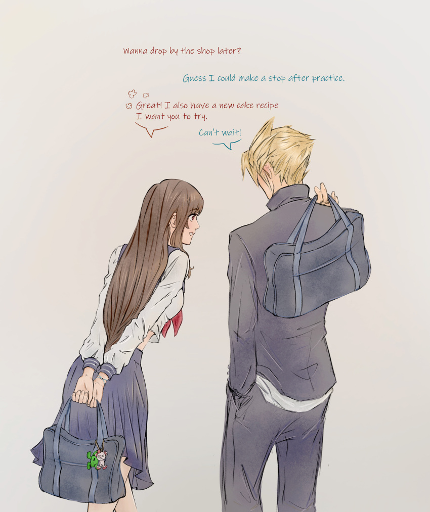 1boy 1girl absurdres anna_m bag black_jacket black_pants blonde_hair blue_sailor_collar blue_skirt breasts brown_hair character_charm charm_(object) cloud_strife cloud_strife_(midgard_seventh_high_school) delinquent english_text feet_out_of_frame final_fantasy final_fantasy_vii final_fantasy_vii_ever_crisis from_behind gakuran grey_background hand_in_pocket hashtag-only_commentary height_difference highres holding holding_bag jacket leaning_forward long_hair long_sleeves looking_at_another medium_breasts moogle neckerchief official_alternate_costume pants parted_lips pleated_skirt red_eyes red_neckerchief sabotender sailor_collar school_bag school_uniform serafuku short_hair simple_background skirt spiked_hair tifa_lockhart tifa_lockhart_(midgard_seventh_high_school) walking white_serafuku