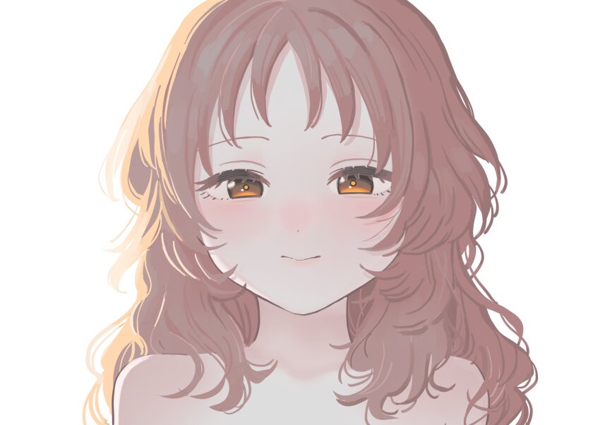 1girl bare_shoulders blush brown_hair commentary fujichika_koume highres long_hair looking_at_viewer mie_ai orange_eyes simple_background smile solo sukinako_ga_megane_wo_wasureta symbol-only_commentary upper_body white_background