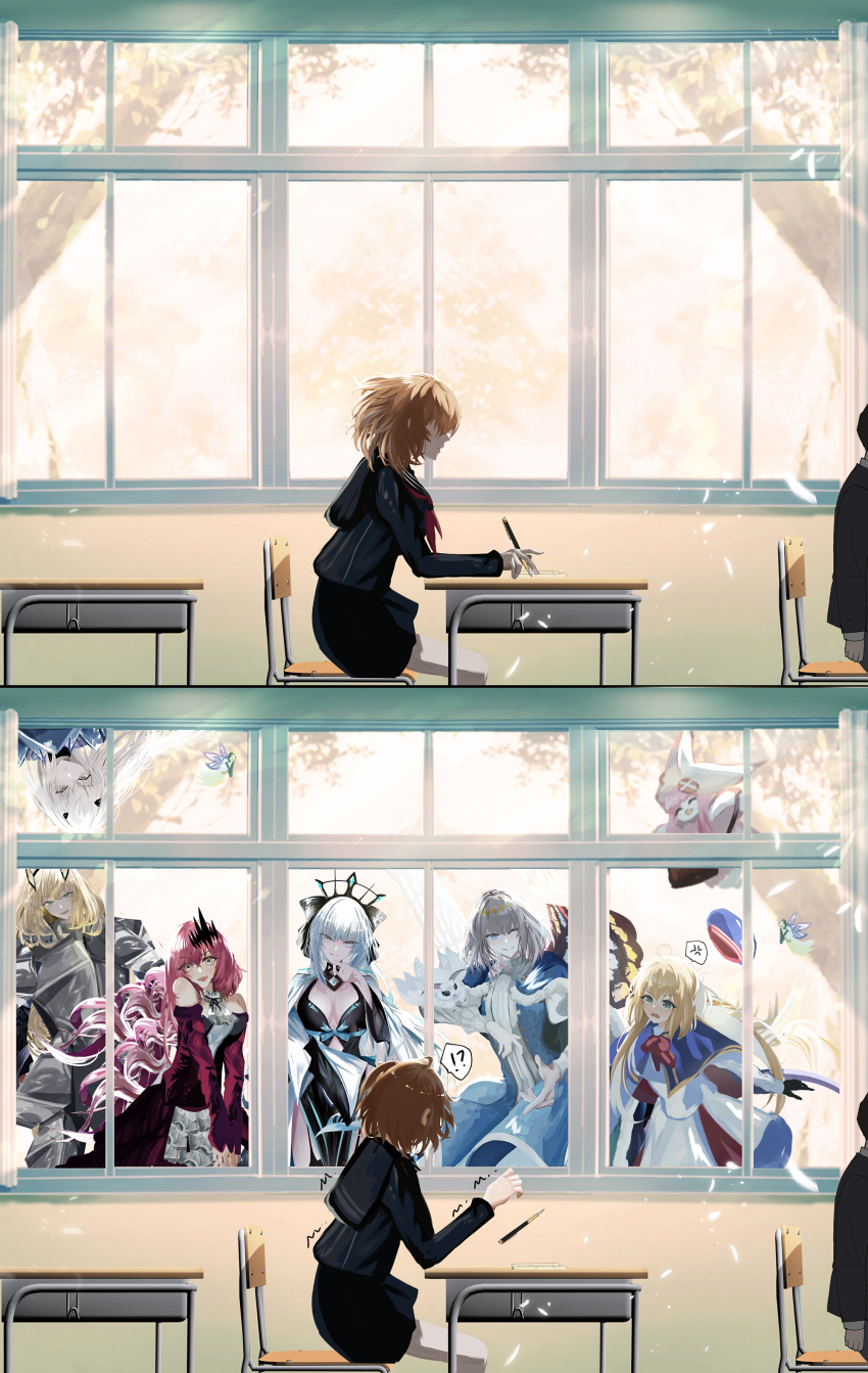 !? 1boy 6+girls absurdres antinese armor artoria_caster_(fate) artoria_caster_(second_ascension)_(fate) artoria_pendragon_(fate) baobhan_sith_(fate) baobhan_sith_(first_ascension)_(fate) barghest_(fate) barghest_(first_ascension)_(fate) black_dress blanca_(fate) blonde_hair blue_eyes blue_hat breasts closed_eyes desk detached_sleeves dress fate/grand_order fate_(series) frilled_dress frills fujimaru_ritsuka_(female) green_eyes grey_eyes grey_hair habetrot_(fate) hair_ornament hand_up hat highres long_hair melusine_(fate) melusine_(first_ascension)_(fate) morgan_le_fay_(fate) morgan_le_fay_(third_ascension)_(fate) multiple_girls oberon_(fate) oberon_(first_ascension)_(fate) orange_hair pink_hair pink_hat red_dress school_desk school_uniform shirt short_hair sidelocks sitting smile white_dress white_shirt wings yellow_eyes