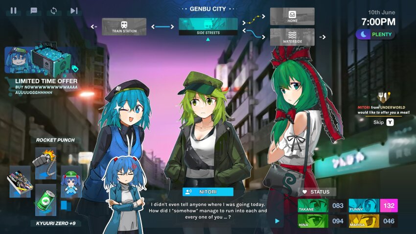 3boys aesur_a alternate_costume blue_eyes blue_hair bow english_text front_ponytail green_eyes green_hair highres kagiyama_hina kawashiro_nitori looking_at_viewer looking_back multiple_boys red_bow touhou yamashiro_takane