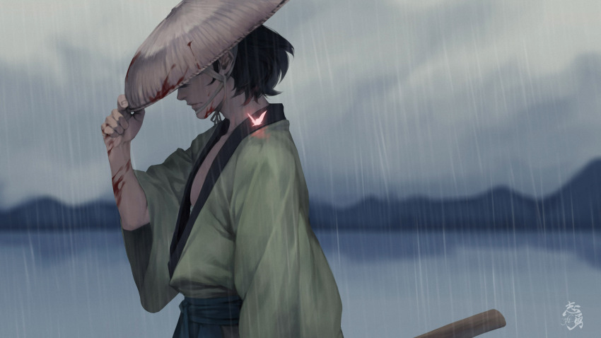 1boy ajirogasa black_hair blood blood_on_arm blood_on_face blood_on_hat bug butterfly from_side glowing_butterfly green_kimono hand_on_headwear hat hat_over_eyes highres insect ishikawa_goemon_xiii japanese_clothes kimono long_sleeves lupin_iii male_focus open_clothes open_kimono rain shiyuu_(shiyu) short_hair signature solo