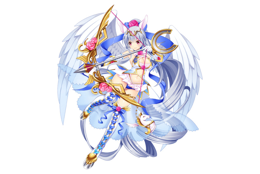 1girl animal_ears armpits arrow_(projectile) artist_request bad_source bare_shoulders blue_panties blue_ribbon bow_(weapon) breasts chess_piece cleavage drawing_bow feathered_wings flower full_body game_cg gloves holding holding_bow_(weapon) holding_weapon horse_ears horseshoe kamihime_project knight_(chess) medium_breasts miniskirt navel official_art panties pegasus_(kamihime_project) pink_eyes pink_flower pink_rose ribbon rose short_hair sideboob skirt solo third-party_source transparent_background underwear weapon white_gloves wings