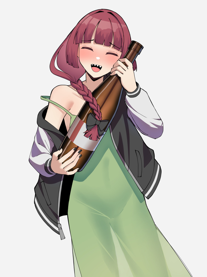 1girl absurdres black_jacket black_nails bocchi_the_rock! bottle braid dress gar32 green_dress happy highres hiroi_kikuri holding holding_bottle jacket open_clothes open_jacket purple_hair single_braid solo track_jacket white_background