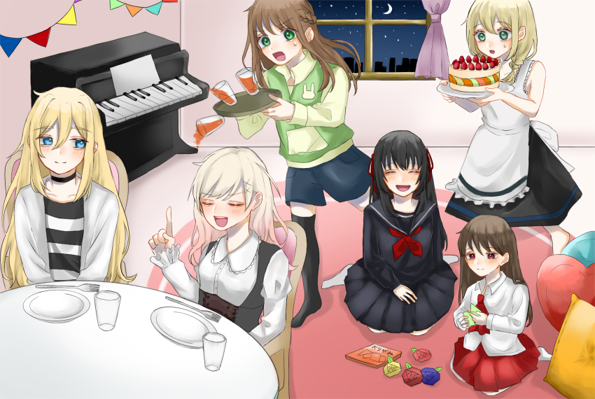 6+girls arne_no_jikenbo black_hair black_serafuku blonde_hair blue_eyes braid brown_hair character_name collared_shirt crossover dress green_eyes hair_between_eyes hair_ribbon highres himeno_mikoto ib_(ib) ib_(kouri) jacket kaii_shoukougun long_hair lynn_reinweiss majo_no_ie multiple_girls rachel_gardner red_eyes ribbon satsuriku_no_tenshi school_uniform serafuku shirt shorts sleeveless sleeveless_dress striped_clothes striped_shirt thighhighs twin_braids viola_(majo_no_ie) white_jacket